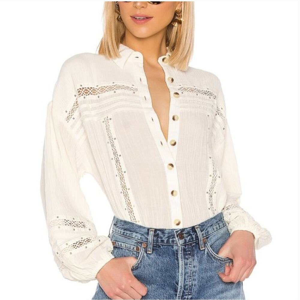 Free People Summer Stars Cream Gauze Boxy Button Down Blouse  Boho Small - Picture 7 of 7